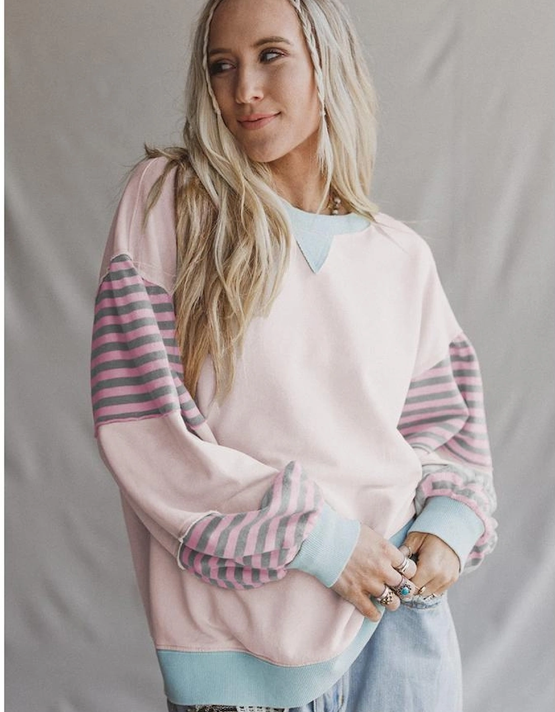 Delicacy Striped Colorblock Patchwork Drop Shoulder Sweatshirt