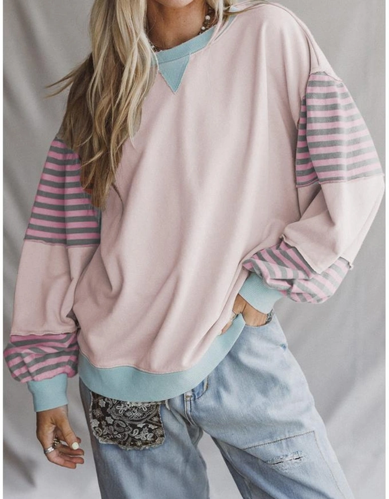 Delicacy Striped Colorblock Patchwork Drop Shoulder Sweatshirt