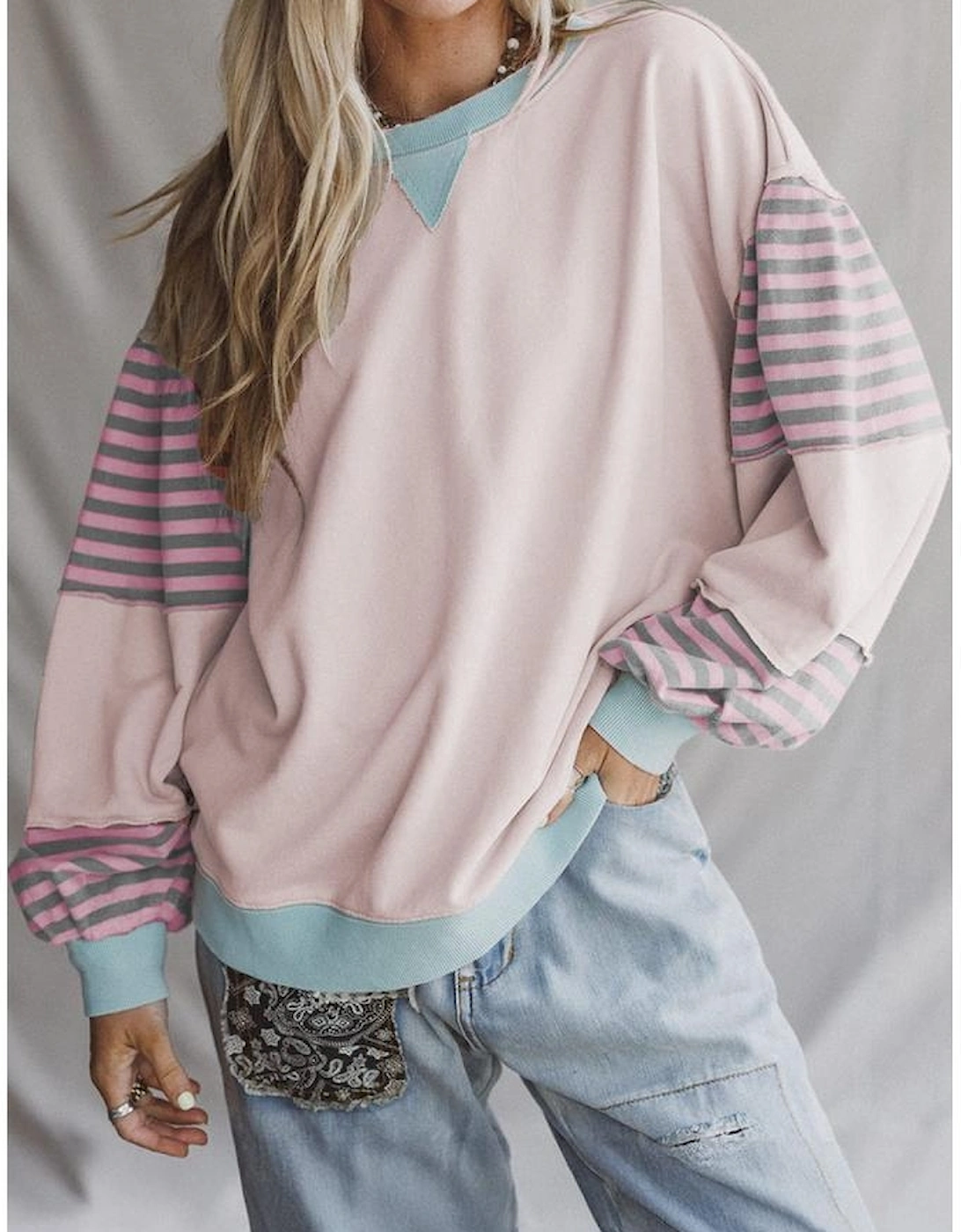 Delicacy Striped Colorblock Patchwork Drop Shoulder Sweatshirt