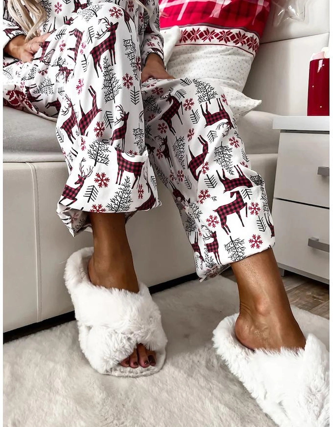White Christmas Printed Shirt and Pants Pajama Set