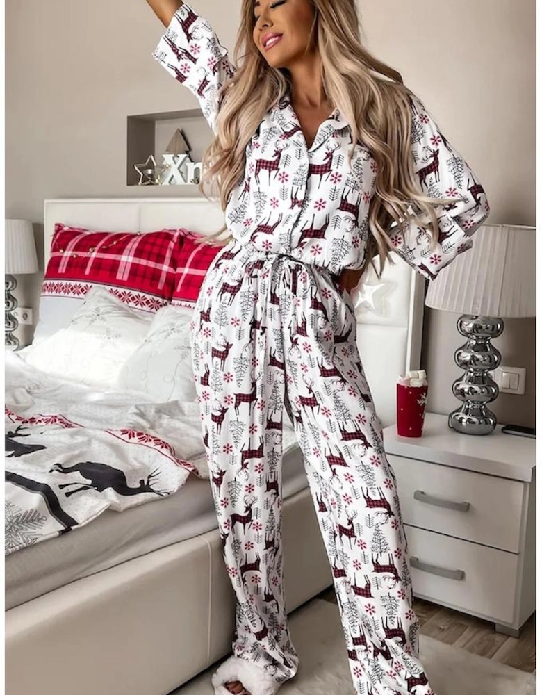 White Christmas Printed Shirt and Pants Pajama Set