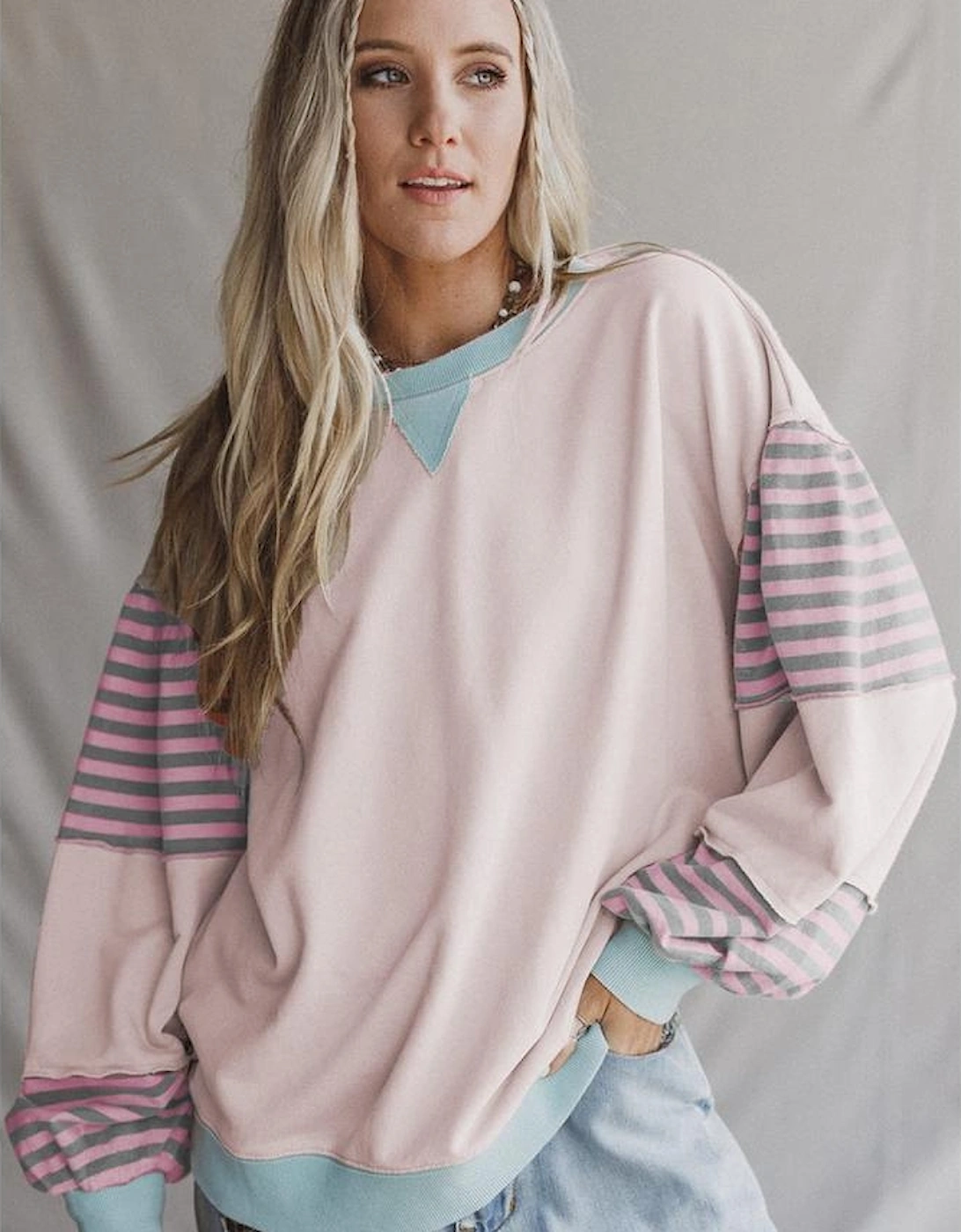 Delicacy Striped Colorblock Patchwork Drop Shoulder Sweatshirt