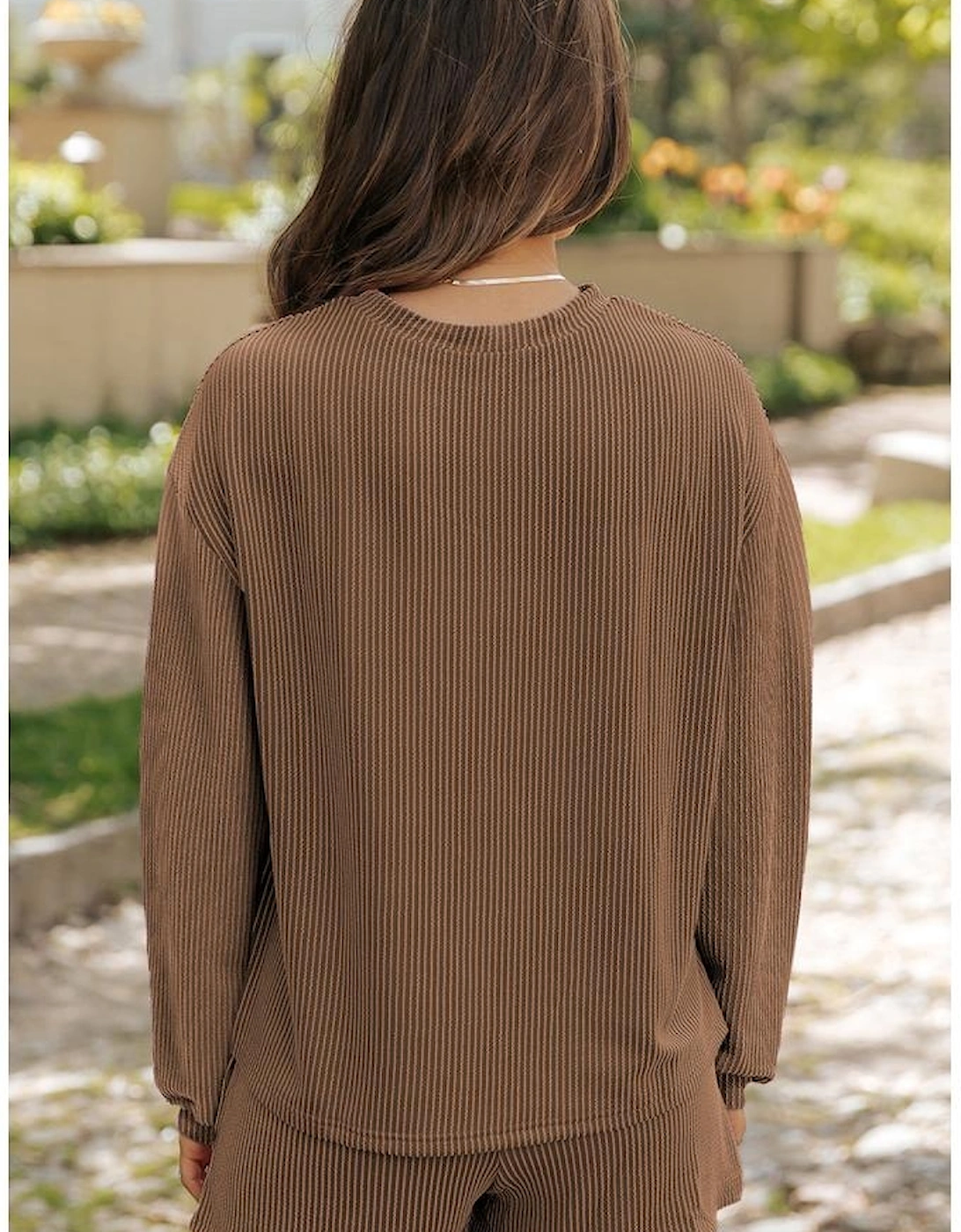 Chestnut Corded Knit Long Sleeve Top and High Waist Shorts Set