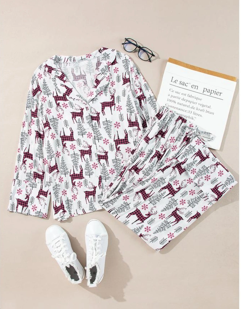 White Christmas Printed Shirt and Pants Pajama Set