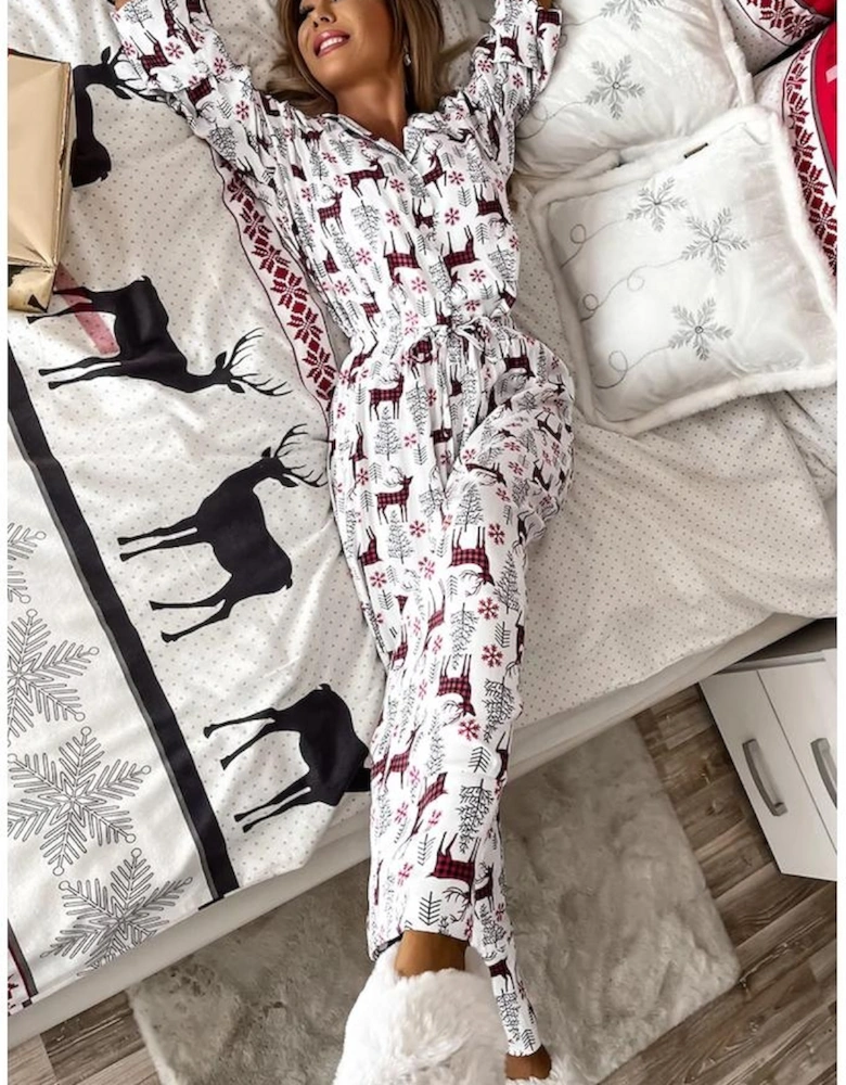 White Christmas Printed Shirt and Pants Pajama Set