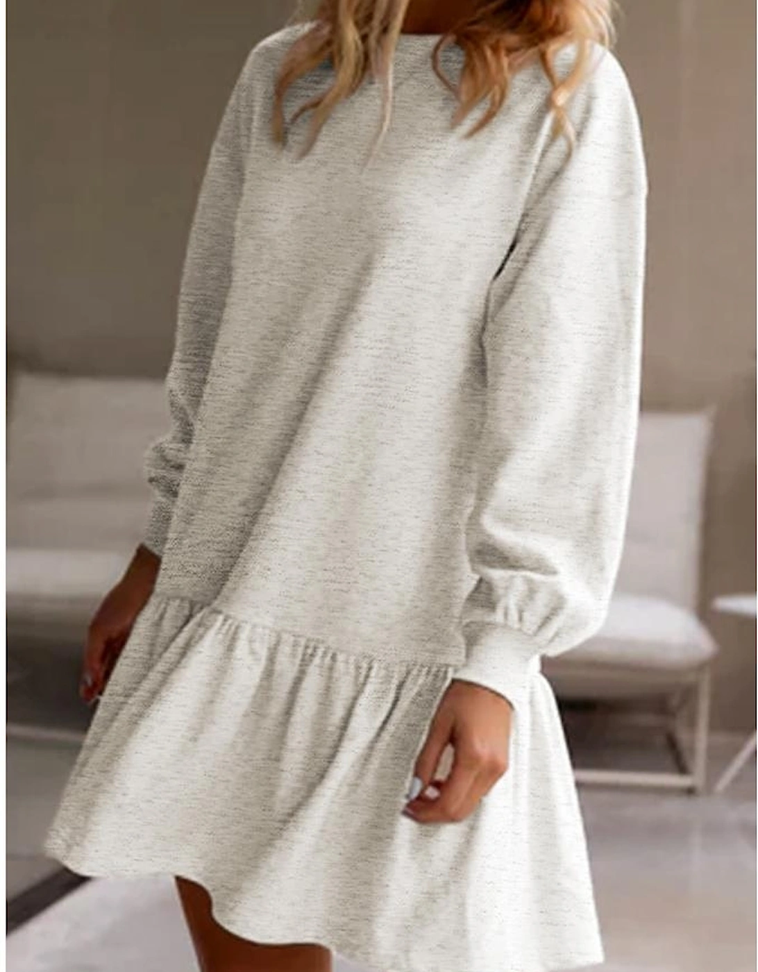 White Solid Color Puff Sleeve Ruffle Hem Mini Dress, 6 of 5