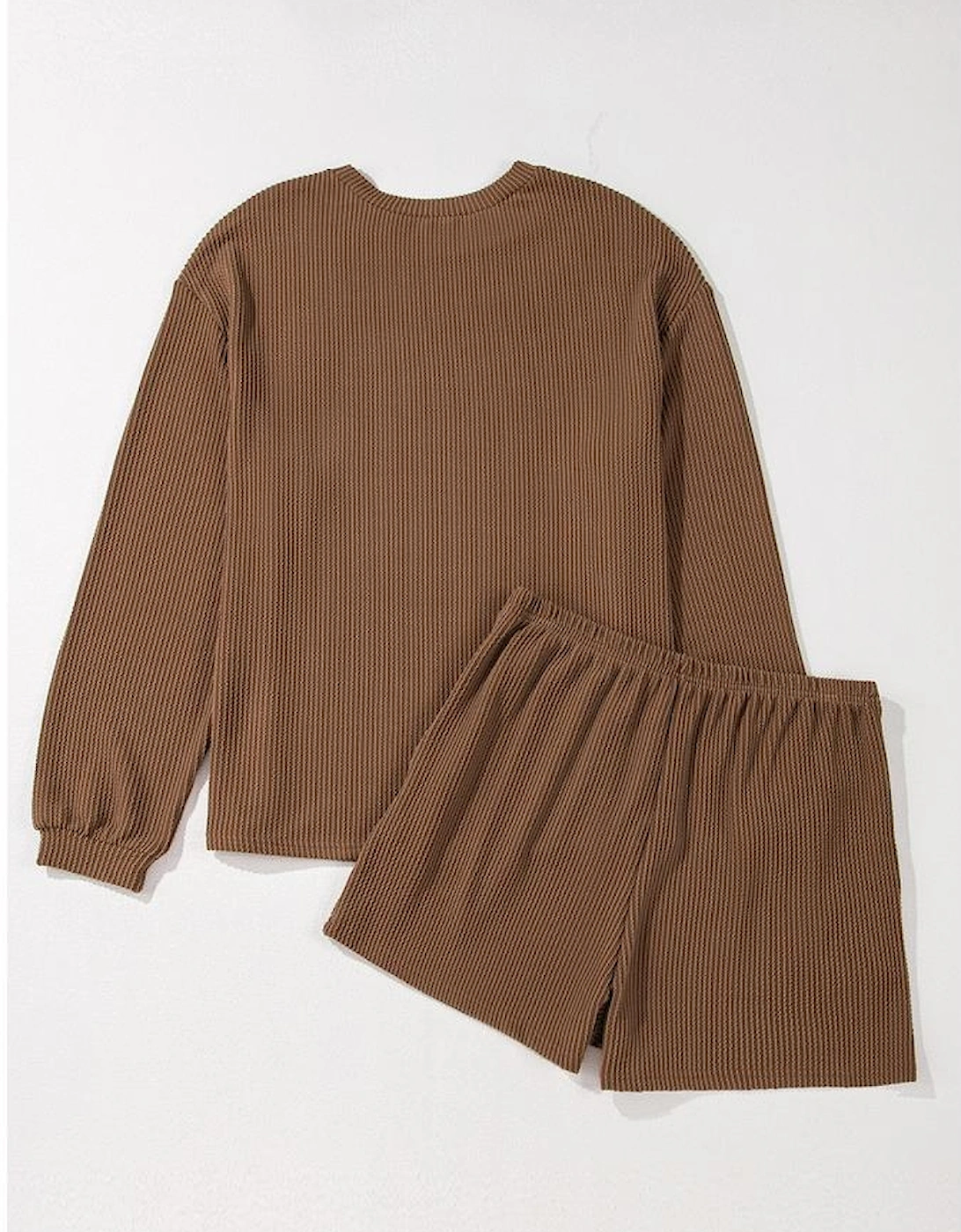 Chestnut Corded Knit Long Sleeve Top and High Waist Shorts Set