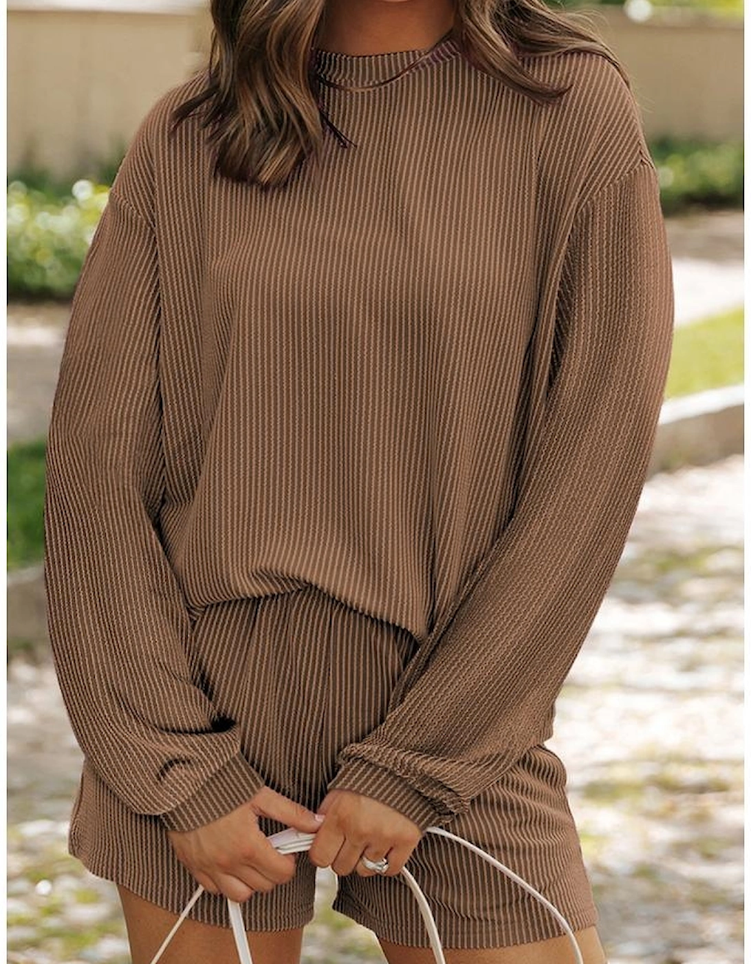 Chestnut Corded Knit Long Sleeve Top and High Waist Shorts Set