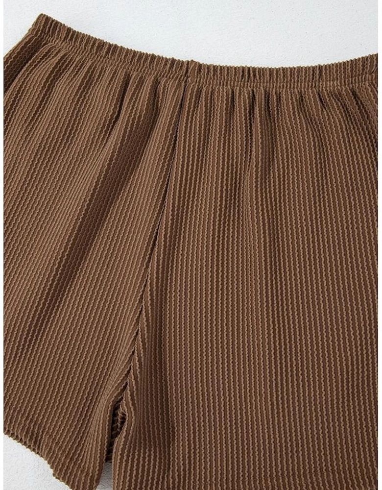 Chestnut Corded Knit Long Sleeve Top and High Waist Shorts Set