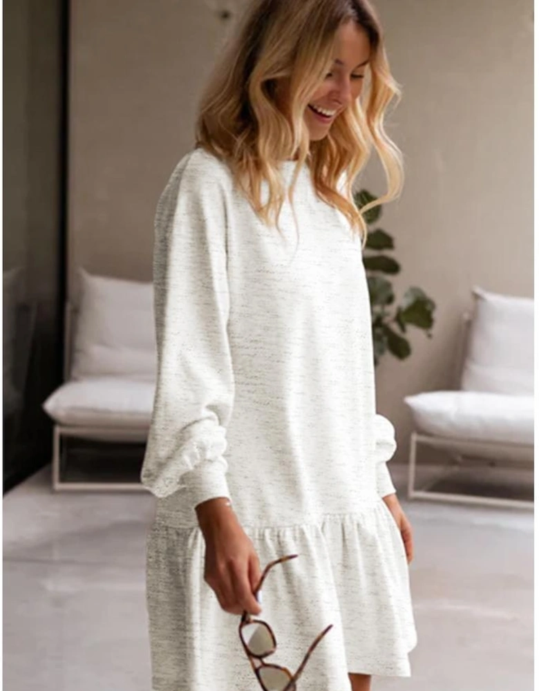 White Solid Color Puff Sleeve Ruffle Hem Mini Dress