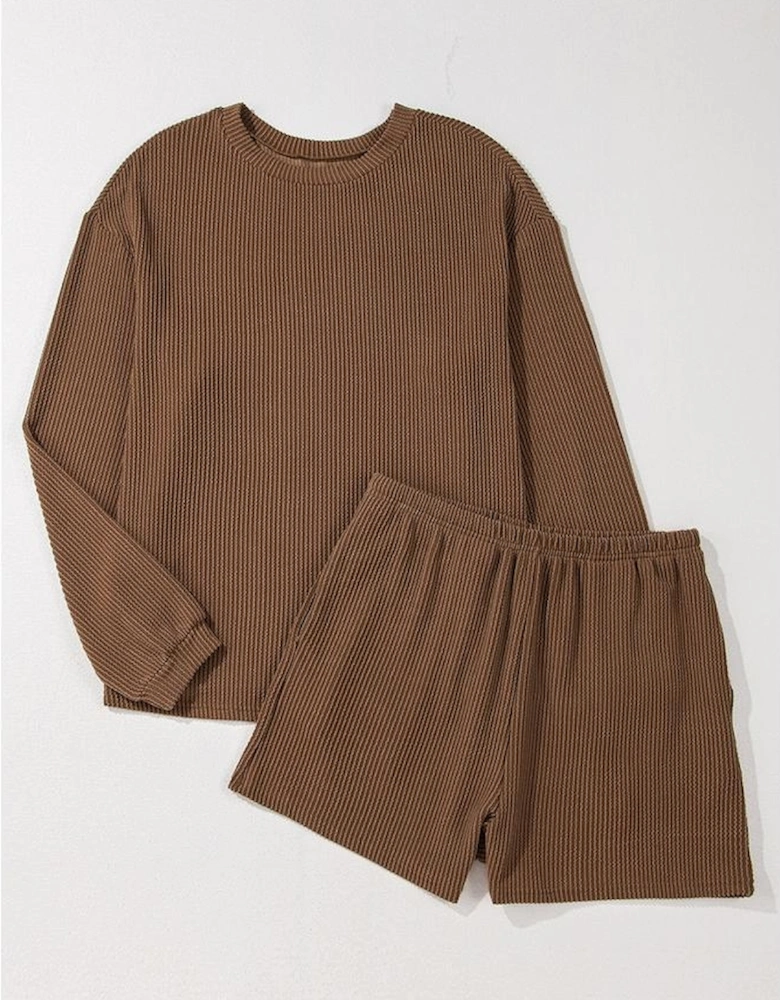 Chestnut Corded Knit Long Sleeve Top and High Waist Shorts Set