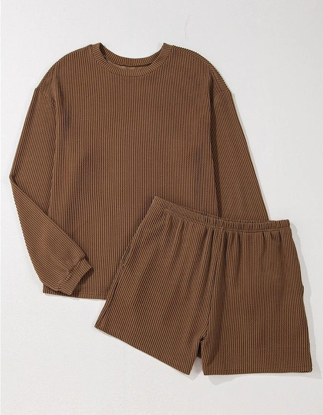 Chestnut Corded Knit Long Sleeve Top and High Waist Shorts Set