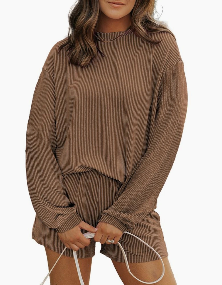 Chestnut Corded Knit Long Sleeve Top and High Waist Shorts Set