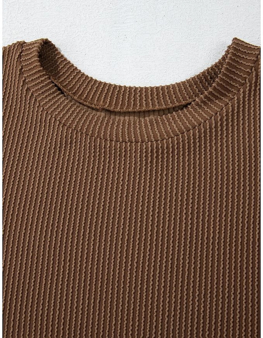 Chestnut Corded Knit Long Sleeve Top and High Waist Shorts Set