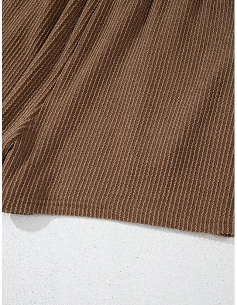 Chestnut Corded Knit Long Sleeve Top and High Waist Shorts Set