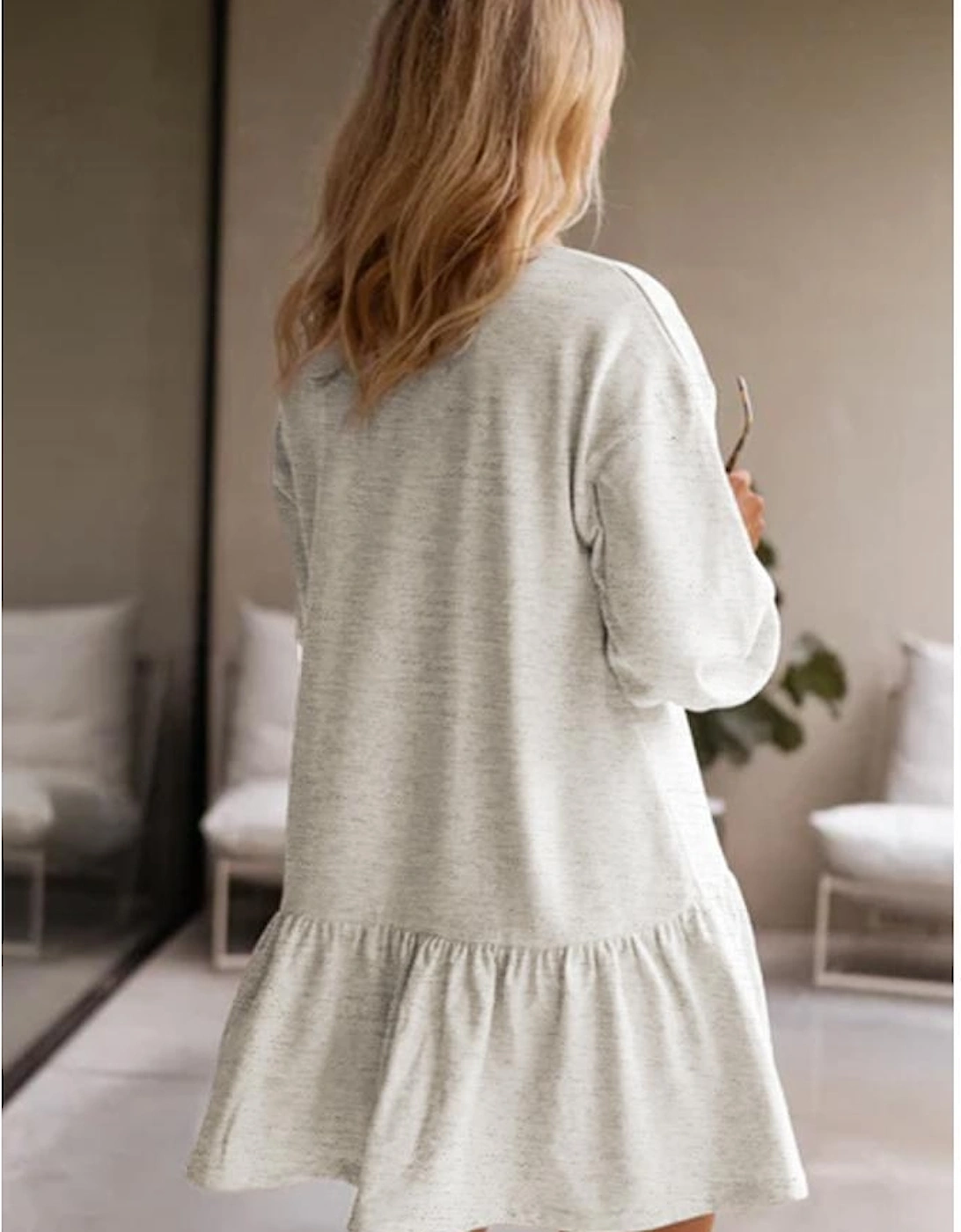 White Solid Color Puff Sleeve Ruffle Hem Mini Dress