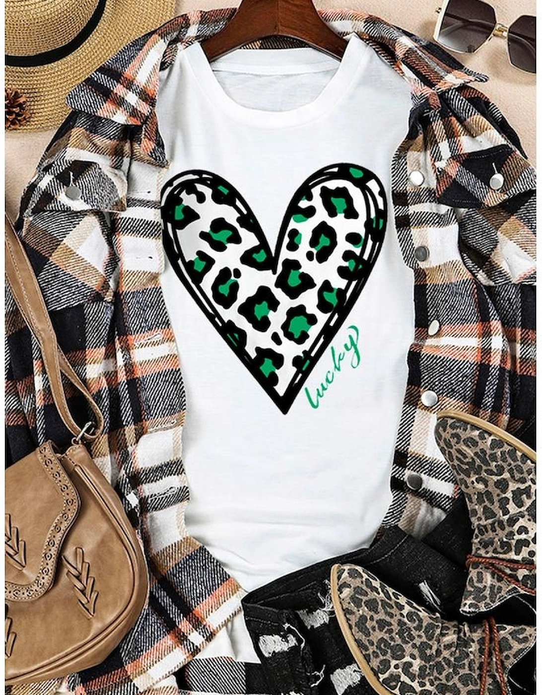 White Lucky Leopard Heart Print St Patricks Day T Shirt