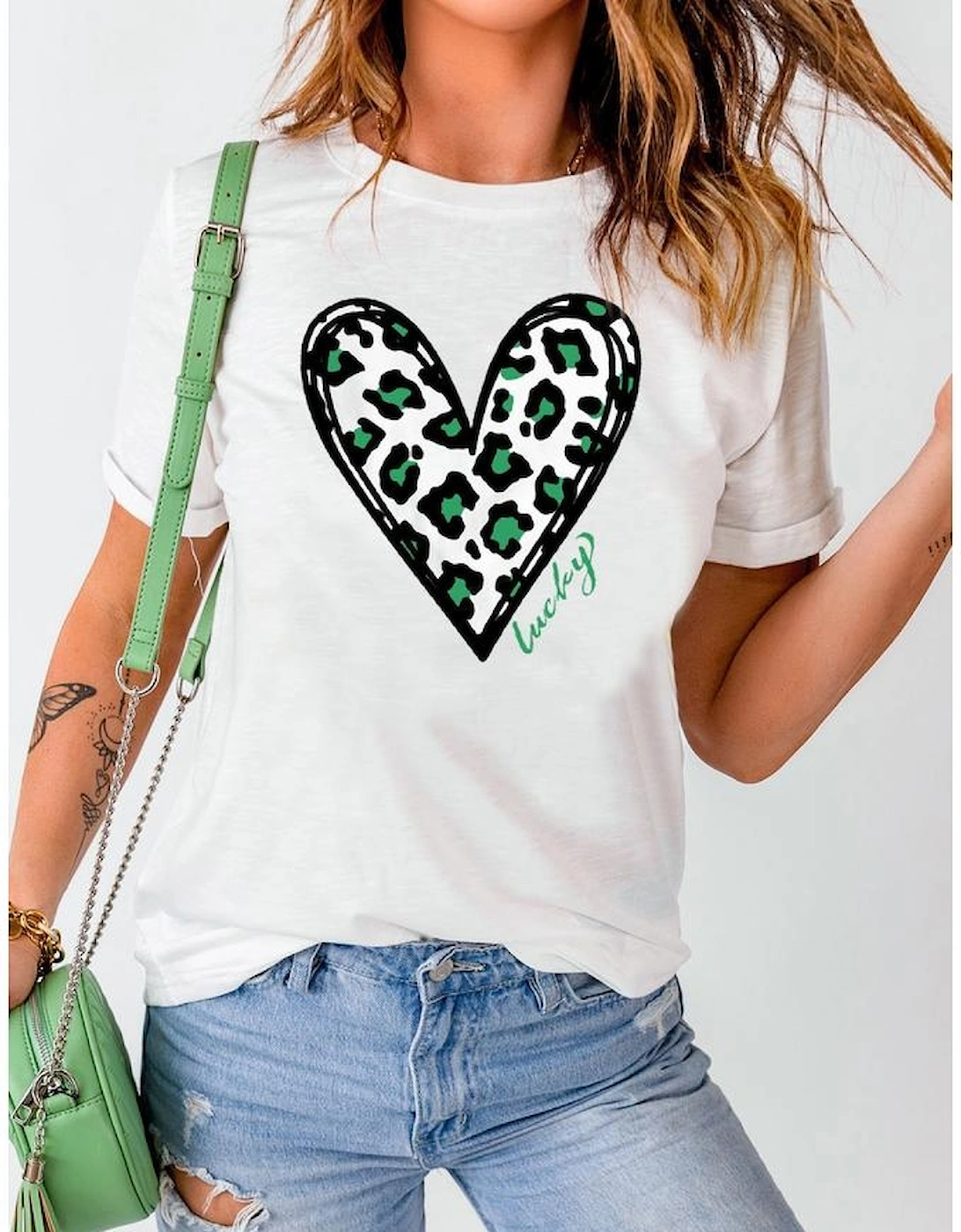 White Lucky Leopard Heart Print St Patricks Day T Shirt