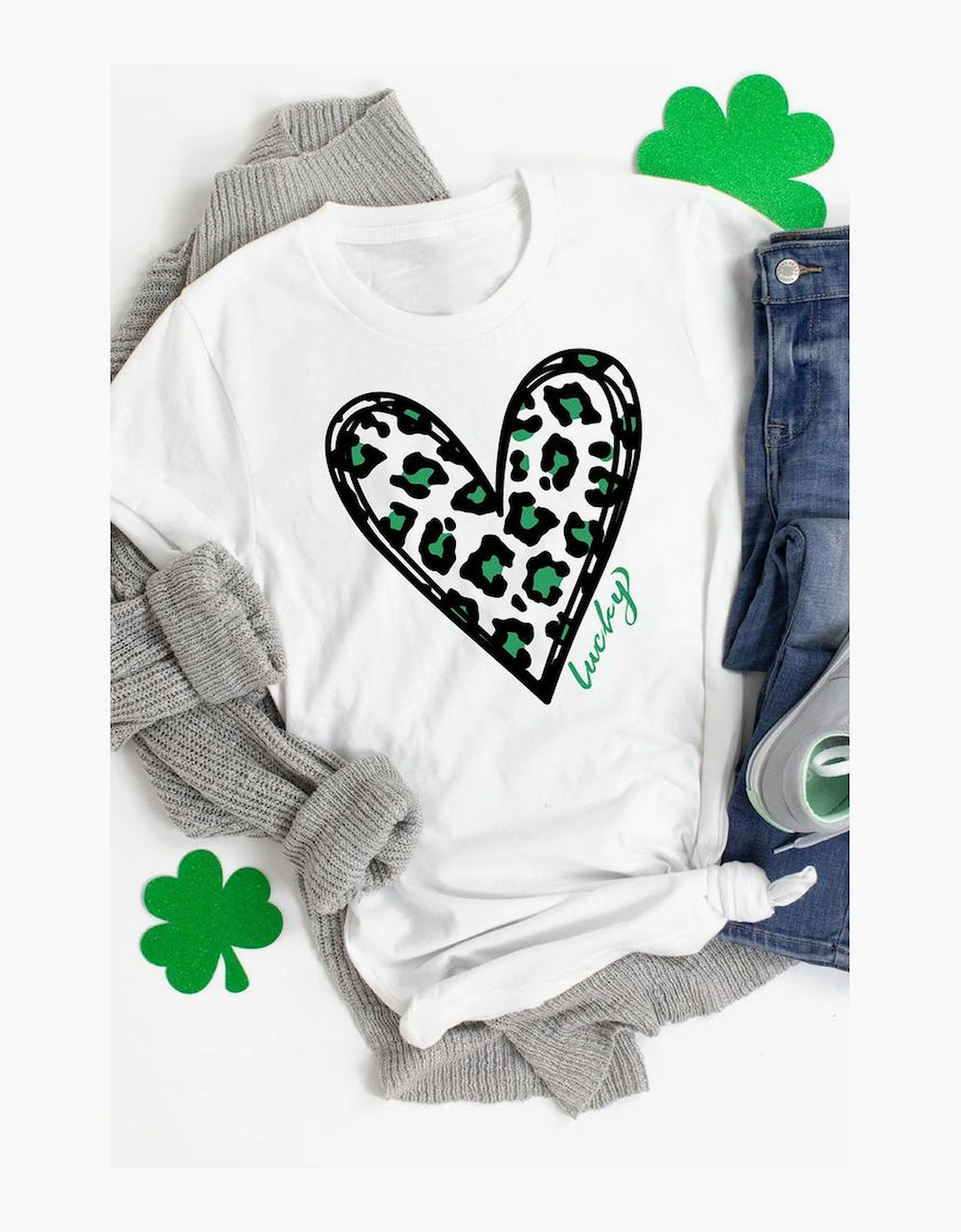 White Lucky Leopard Heart Print St Patricks Day T Shirt, 12 of 11