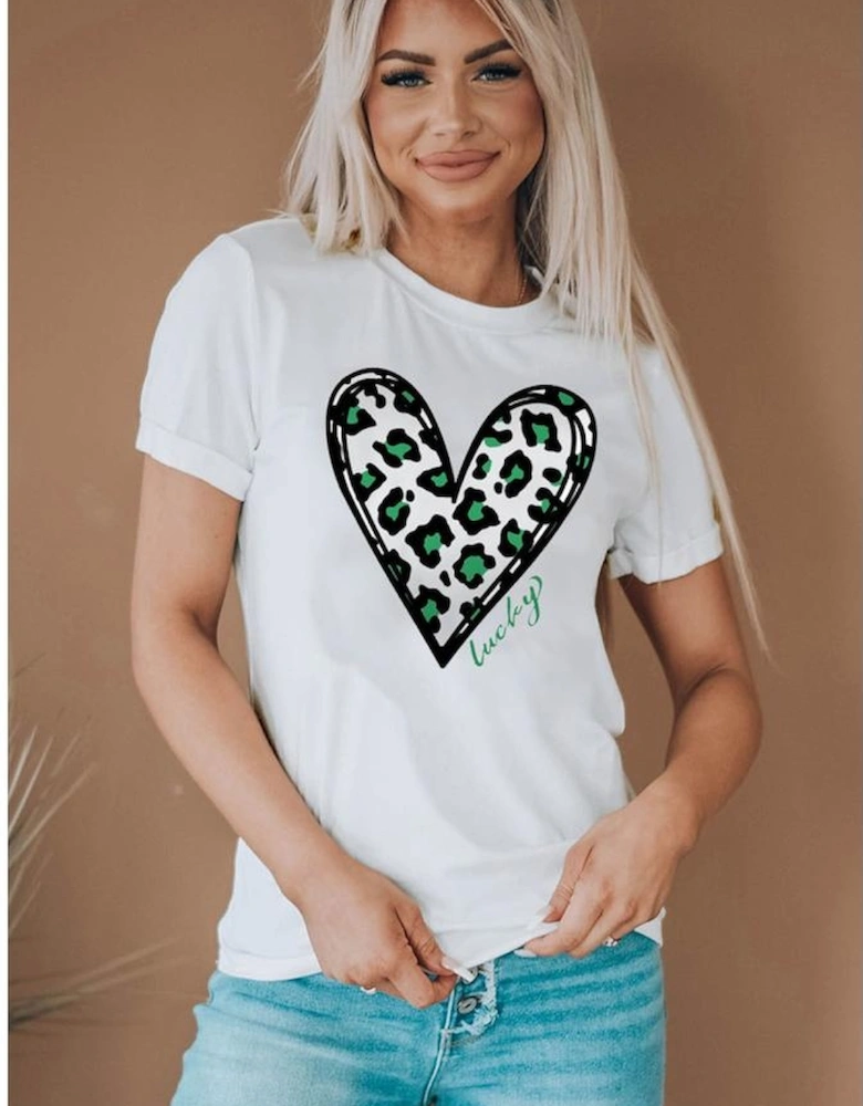 White Lucky Leopard Heart Print St Patricks Day T Shirt