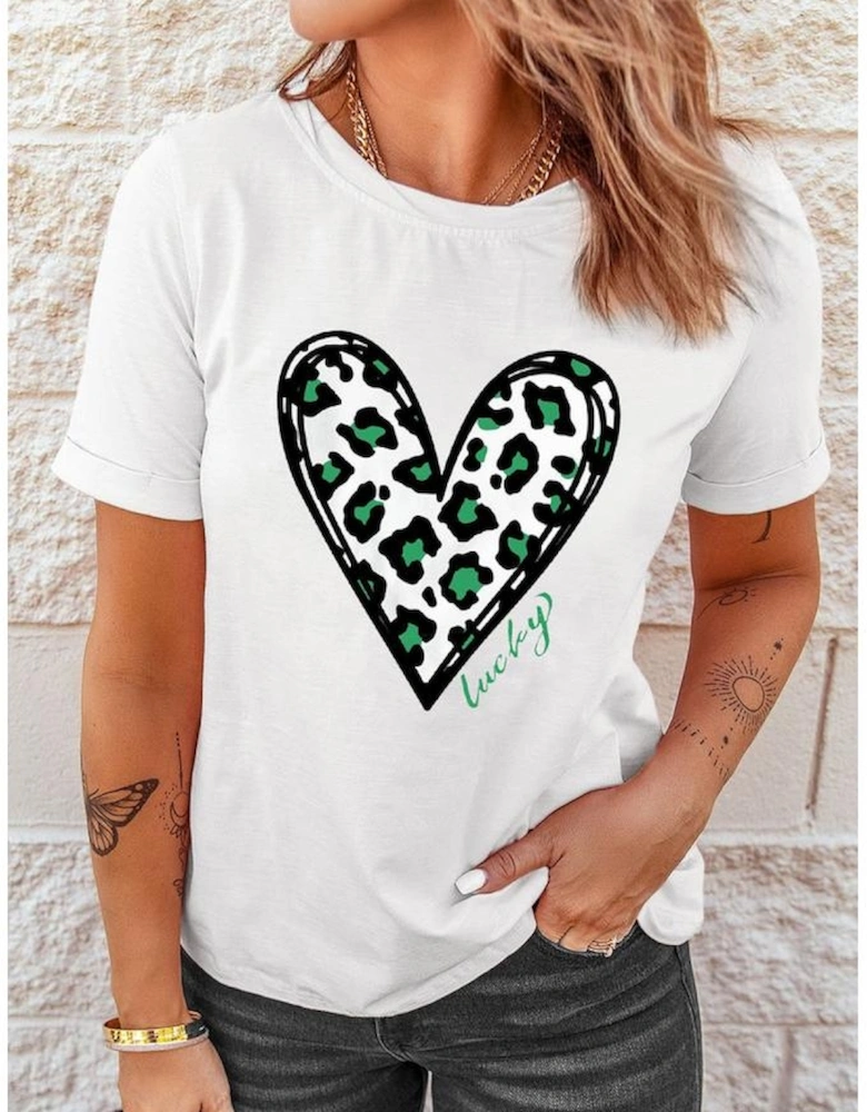 White Lucky Leopard Heart Print St Patricks Day T Shirt