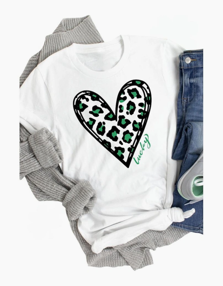 White Lucky Leopard Heart Print St Patricks Day T Shirt
