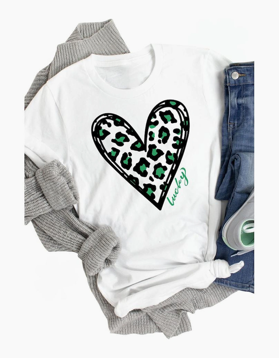 White Lucky Leopard Heart Print St Patricks Day T Shirt