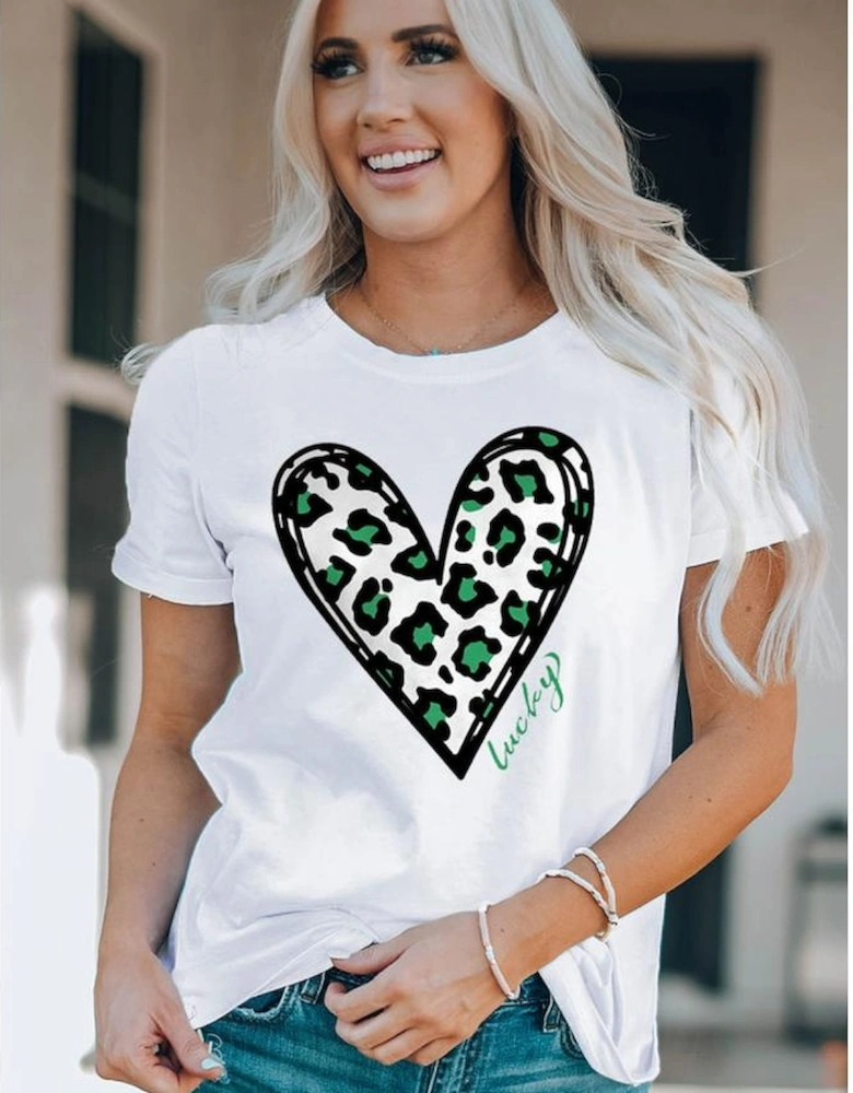 White Lucky Leopard Heart Print St Patricks Day T Shirt
