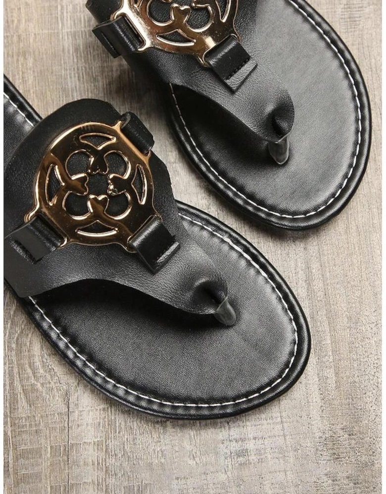 Azura Exchange Black Metal Decor Leather Thong Slippers