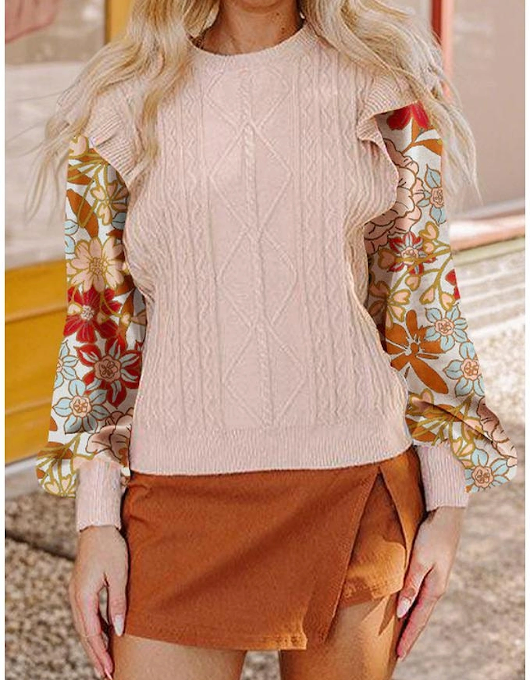 Parchment Cable Knit Ruffle Detail Contrast Floral Sleeve Patchwork Sweater
