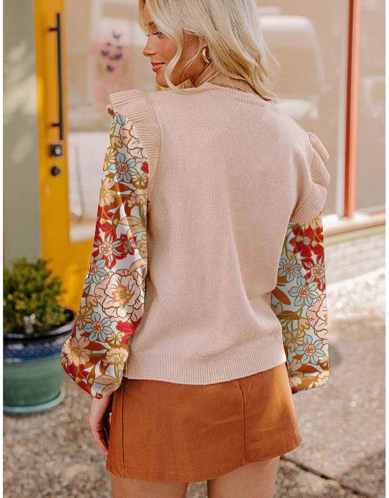 Parchment Cable Knit Ruffle Detail Contrast Floral Sleeve Patchwork Sweater