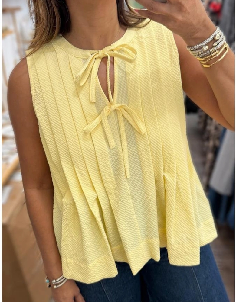 Yellow Cream Bow Tie Notched Neck Pleated Tank Top