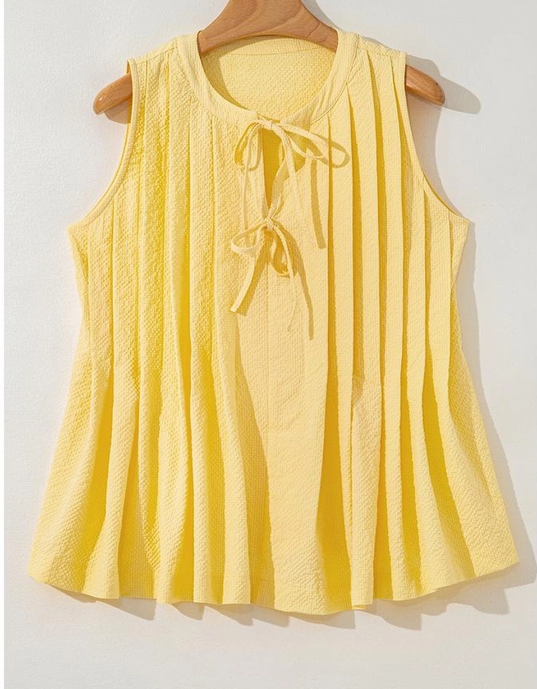 Yellow Cream Bow Tie Notched Neck Pleated Tank Top