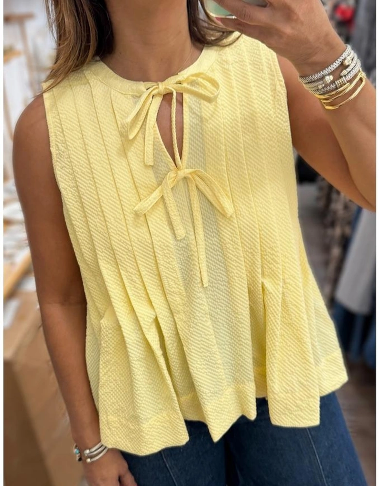 Yellow Cream Bow Tie Notched Neck Pleated Tank Top