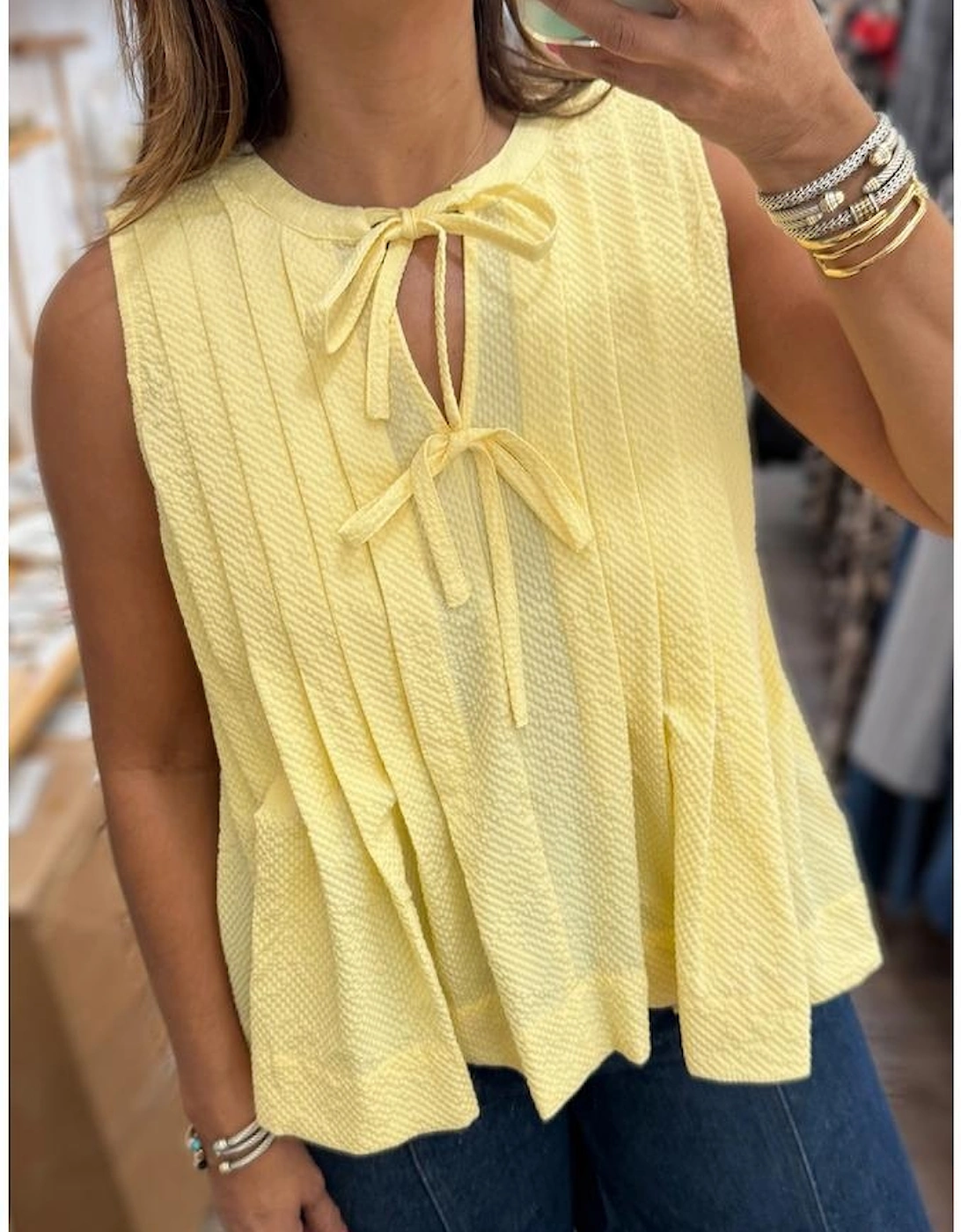 Yellow Cream Bow Tie Notched Neck Pleated Tank Top