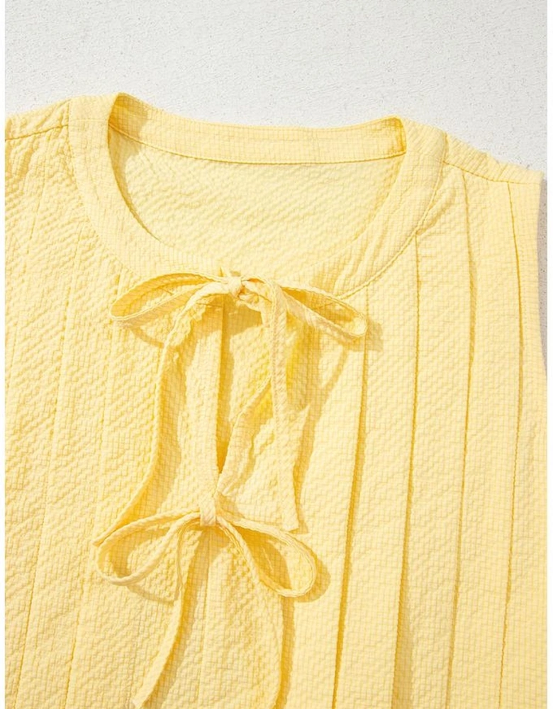 Yellow Cream Bow Tie Notched Neck Pleated Tank Top