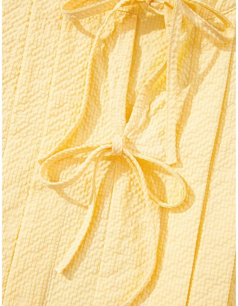 Yellow Cream Bow Tie Notched Neck Pleated Tank Top