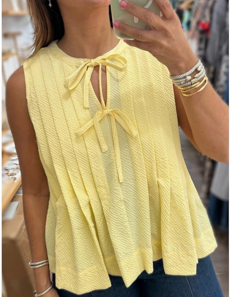 Yellow Cream Bow Tie Notched Neck Pleated Tank Top