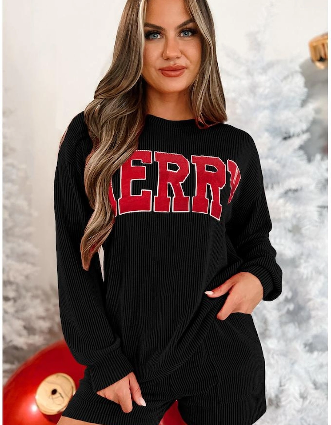 Black Corded MERRY Graphic Long Sleeve Top and Shorts Set