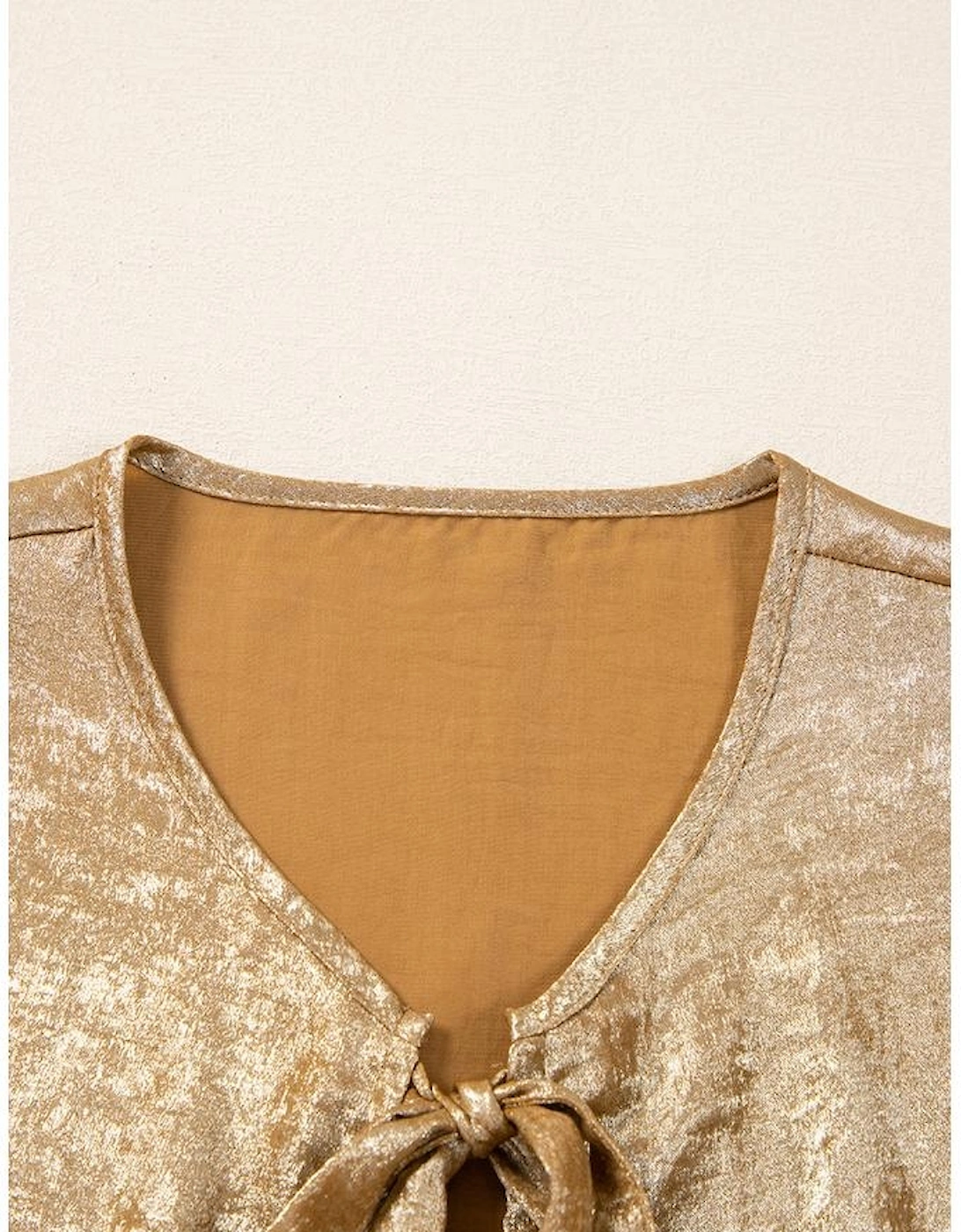 Gold Bow Tie Front Puff 3/4 Sleeve Ruffle Hem Blouse