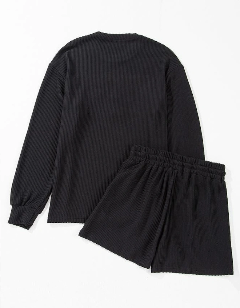 Black Corded MERRY Graphic Long Sleeve Top and Shorts Set
