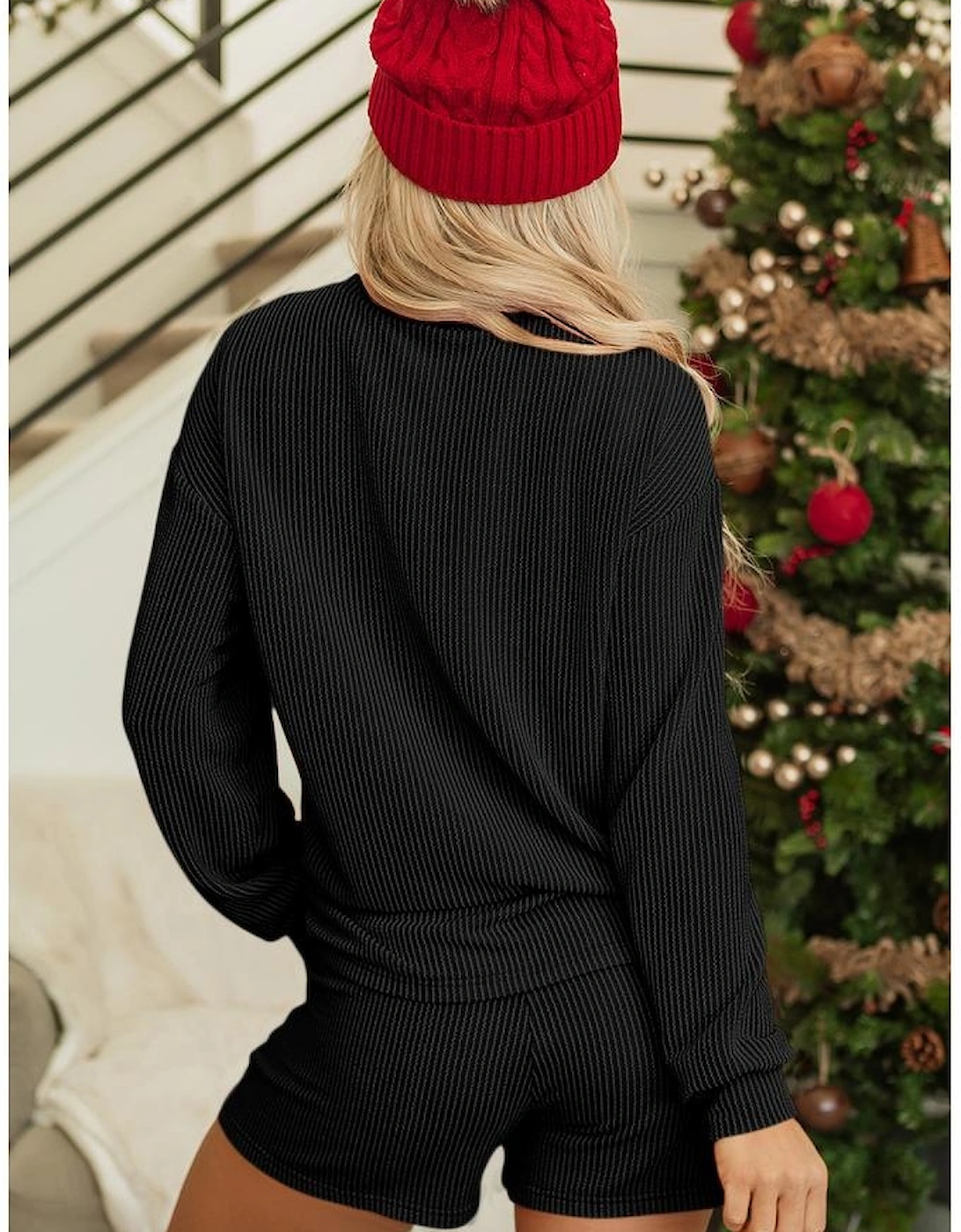 Black Corded MERRY Graphic Long Sleeve Top and Shorts Set