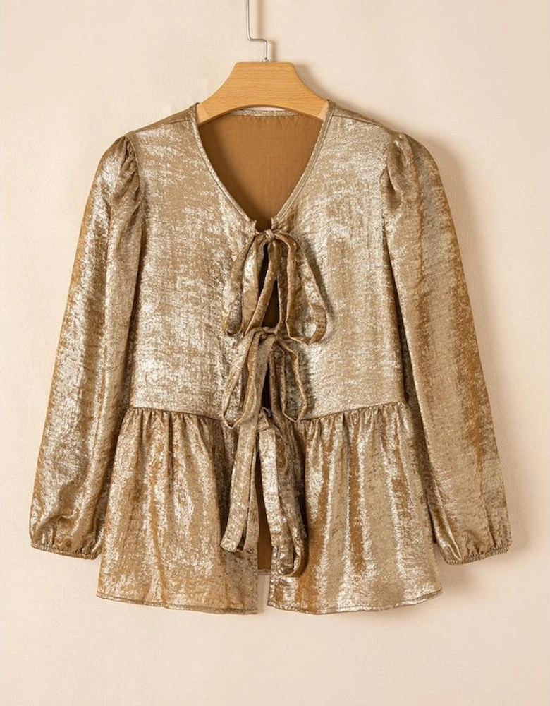 Gold Bow Tie Front Puff 3/4 Sleeve Ruffle Hem Blouse