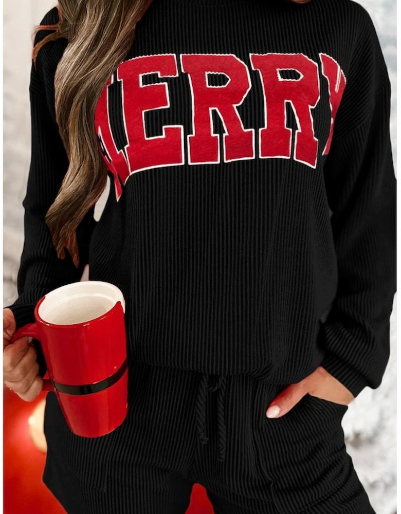 Black Corded MERRY Graphic Long Sleeve Top and Shorts Set