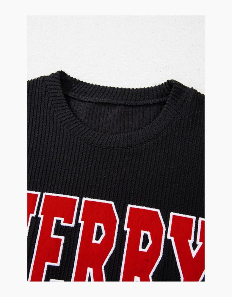 Black Corded MERRY Graphic Long Sleeve Top and Shorts Set