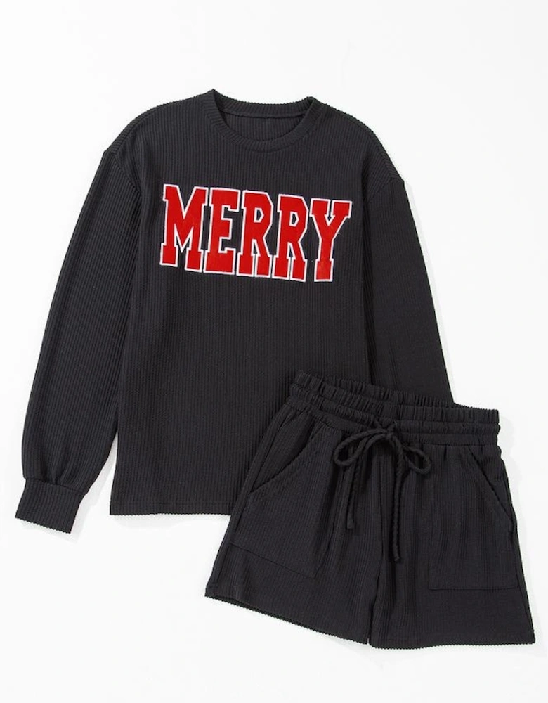 Black Corded MERRY Graphic Long Sleeve Top and Shorts Set
