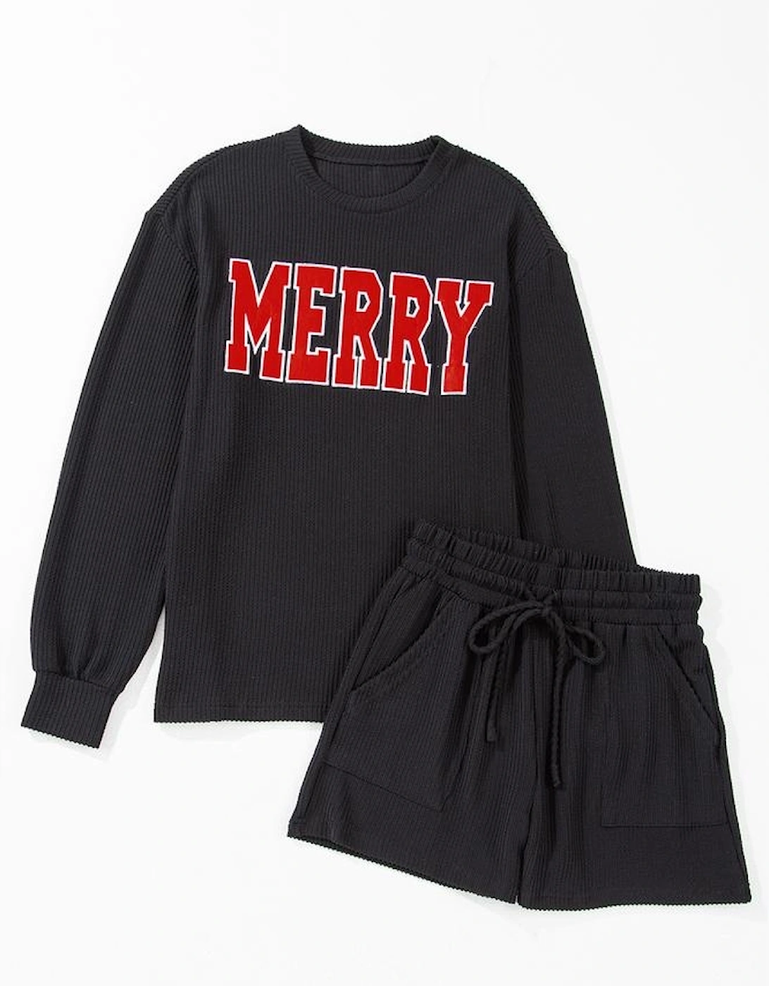 Black Corded MERRY Graphic Long Sleeve Top and Shorts Set