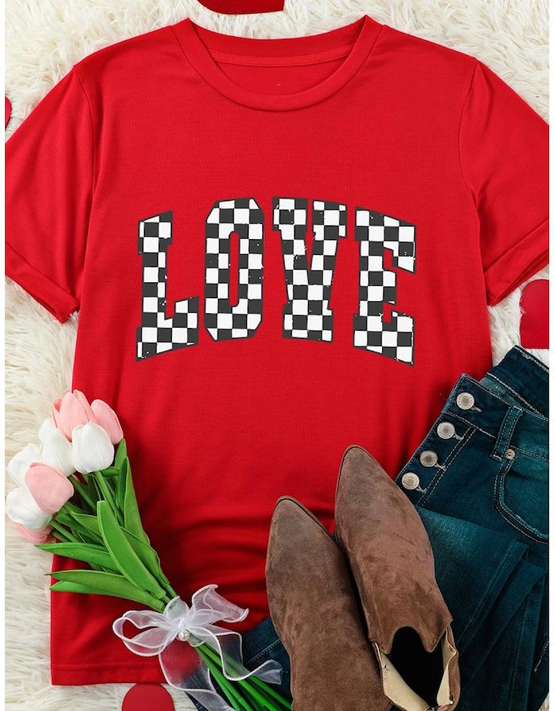 Red Checkered LOVE Letter Graphic Valentines T Shirt