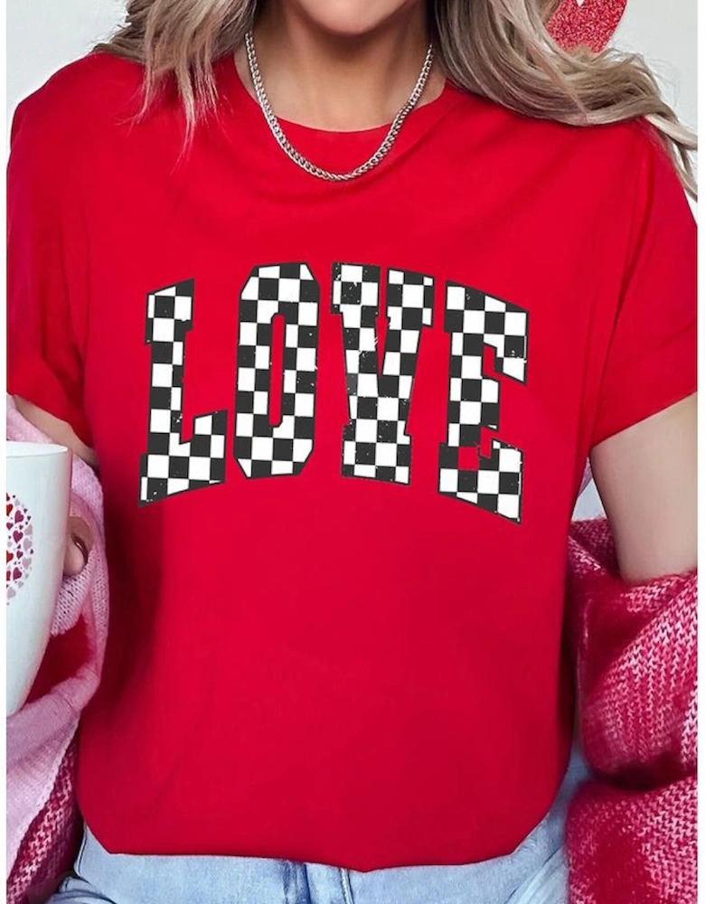 Red Checkered LOVE Letter Graphic Valentines T Shirt