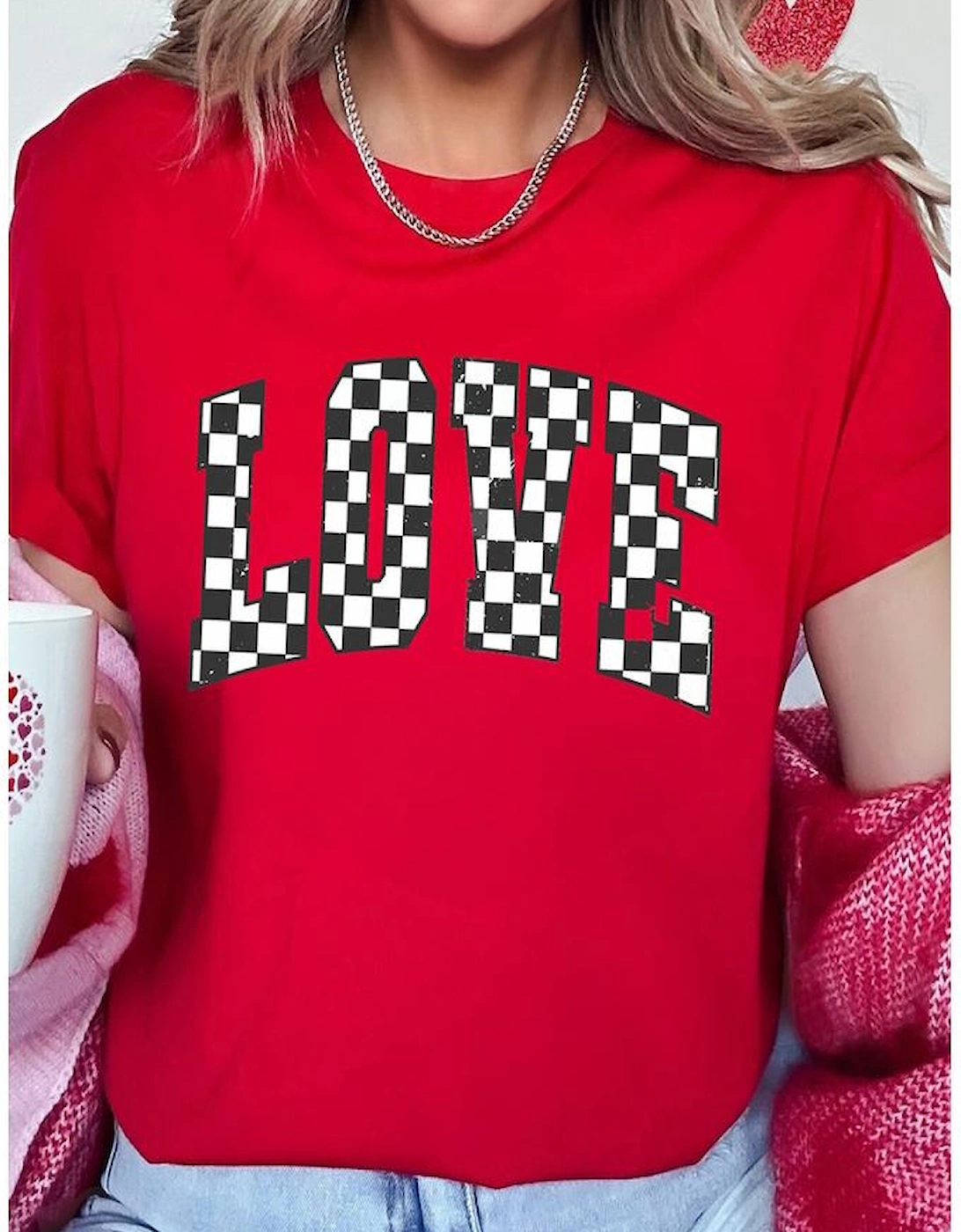 Red Checkered LOVE Letter Graphic Valentines T Shirt